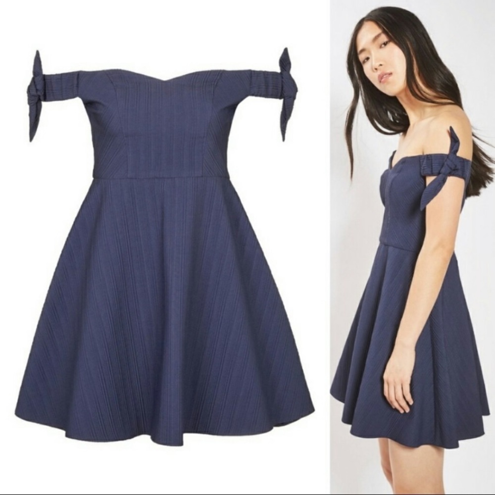 Top Shop Tie Sleeve Bandeau Blue Mini Dress Sz 8
